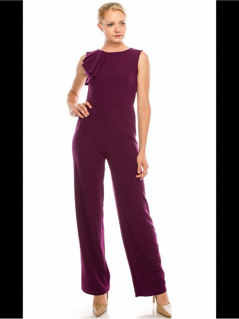 bebe Purple Sleeveless Ruffle-Shoulder Jumpsuit